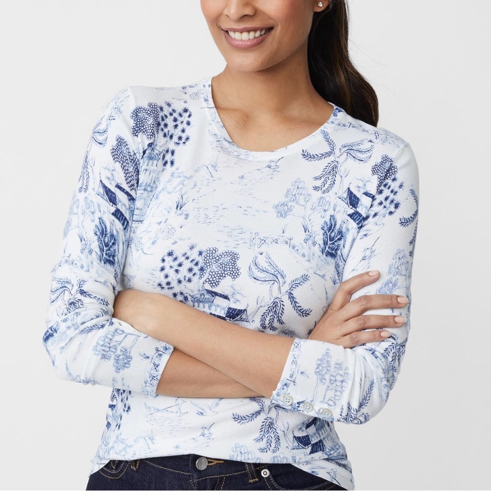 J.McLaughlin Blue White Print Crewneck Long Sleeve Lenny Sweater size Medium